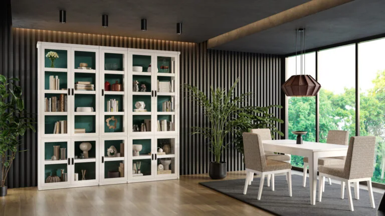 Estantería Modular | Mesa pata agujada de 160 estirable | Silla Donna | LIBROS 64/01 – COMEDORES · Grupo Seys