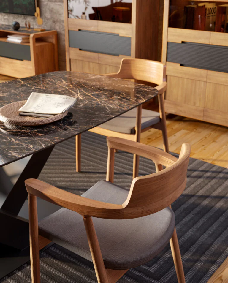 Mesa Lanzarote 200 | Silla Giovanna | Vitrina baja puertas cristal y madera Berna | BERNA 06/01 – COMEDORES · Grupo Seys