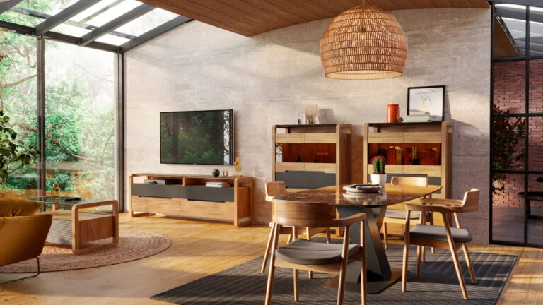 Mesa TV 203 Berna | Mesa centro Berna | Mesa Lanzarote 200 | Silla Giovanna | Vitrina baja puerta cristal y madera Berna | Berna 05/01 – COMEDORES · Grupo Seys